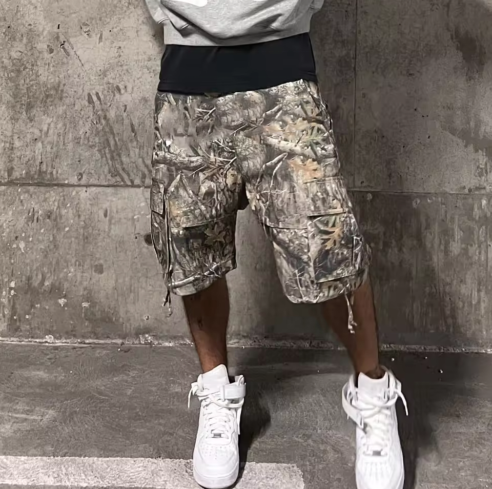 OEM All-Over Hunting Camouflage Cargo Shorts Men 100% Cotton Baggy Real Tree Design Knitted Mid Waist Big Pocket Canvas