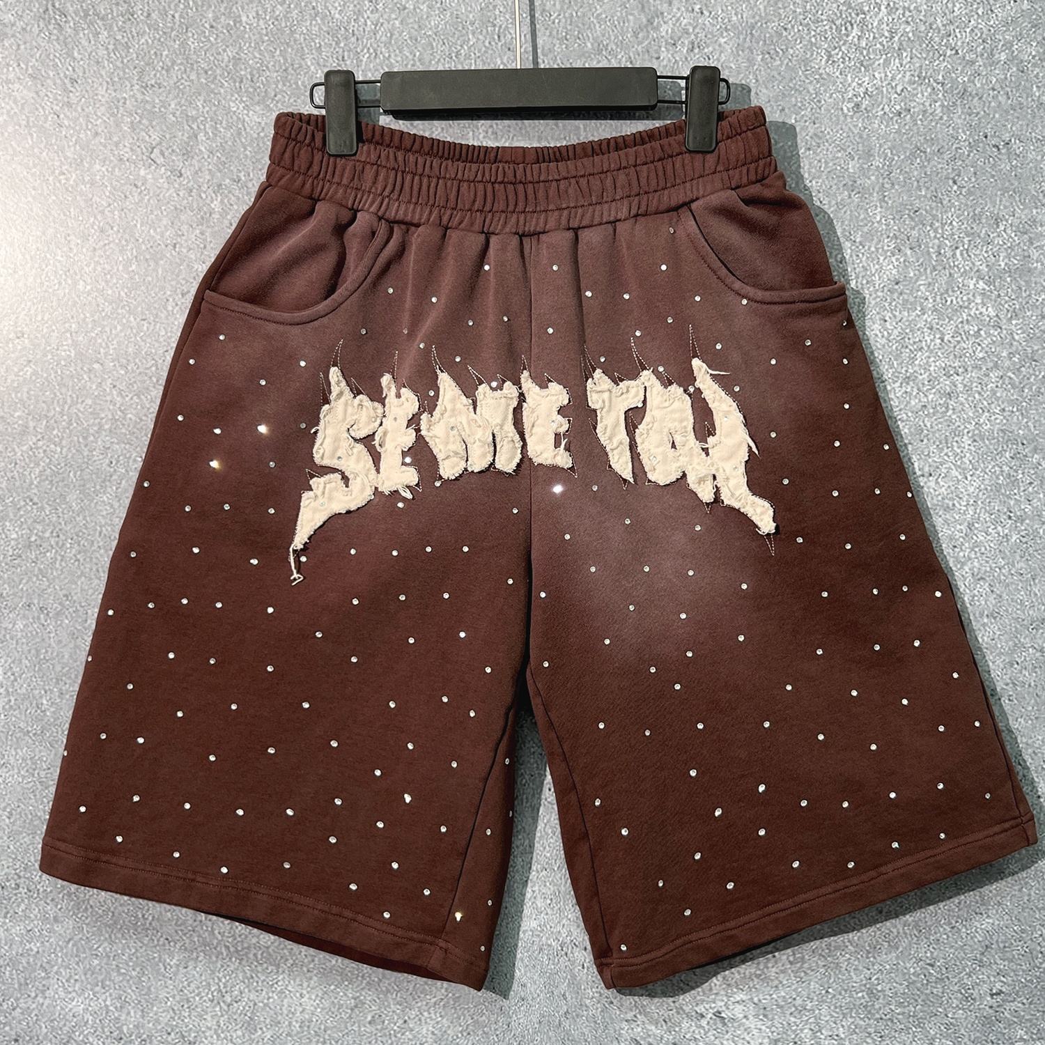 Custom Embroidered Rhinestone Men Oversized Washed Shorts Bulk Heavyweight 100% Cotton Mens Baggy Sports Running Shorts