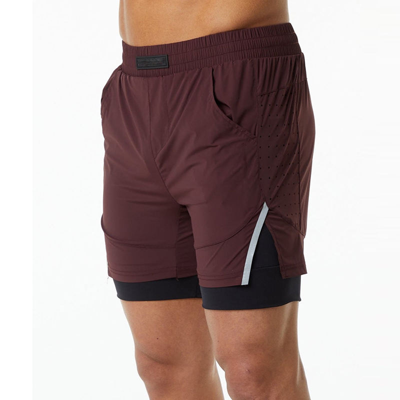 Men Training Wear Quick Dry Two Layers Side Slits Breathable Burgundy 2 in 1 Workout Shorts